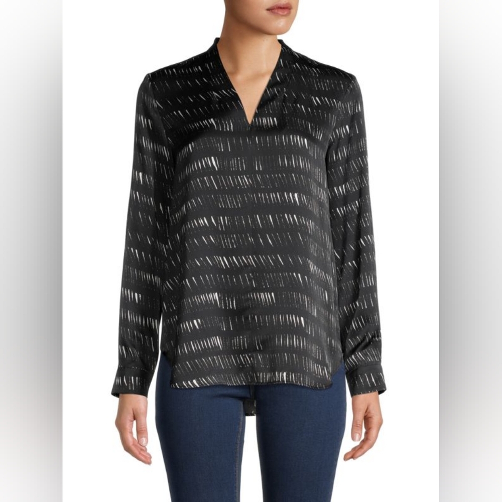 Eileen Fisher‎ Abstract Silk & Organic Cotton Blouse Womens Small Dashed V-neck